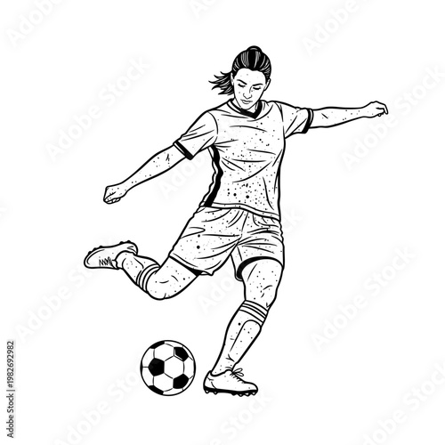 Female soccer player kicking a ball, dynamic action shot, black and white illustration