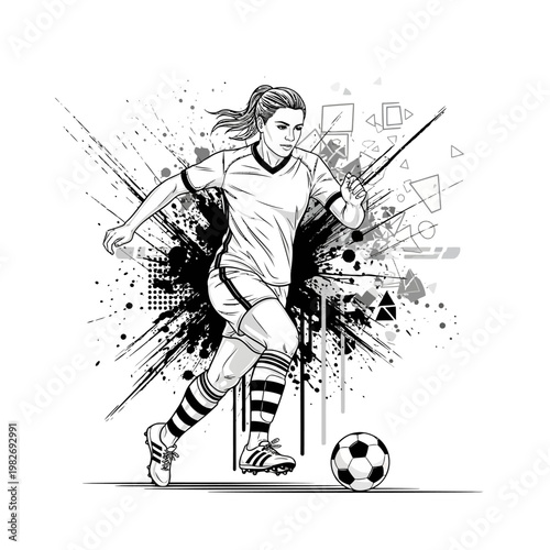 Female soccer player dribbling ball with abstract energetic background, dynamic action shot