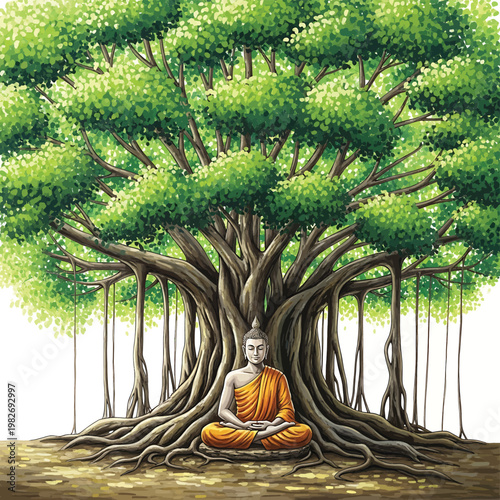 Buddha statue sitting under tree roots.