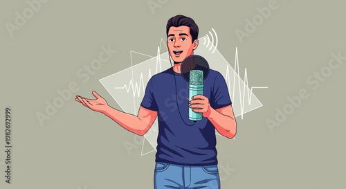 Man with Microphone Podcasting or Announcing, Sound Waves Graphic Background