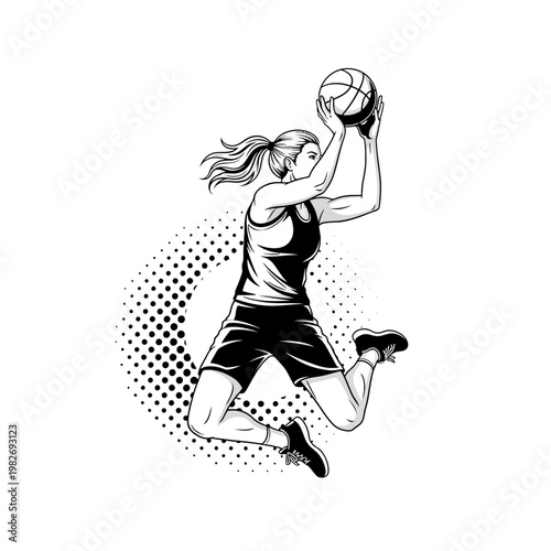Woman Basketball Player Jumping Dunking Ball Black White Illustration