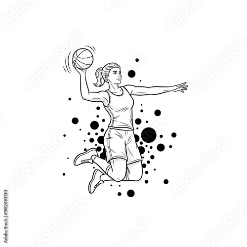 Woman basketball player jumping with ball, action shot, dynamic pose, black and white illustration