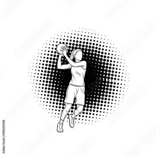 Woman basketball player jumping to shoot ball, dynamic action, halftone background