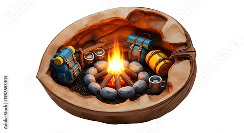 creative miniature campsite inside walnut shell campfire backpacks tiny diorama isolated on white