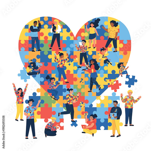 Diverse people forming heart puzzle.