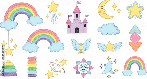 Cute Pastel Themed Illustrations of Rainbows, Stars, Clouds, Castle, and Magical Elements for Kids' Room Decor, Invitations, and Party Decorations