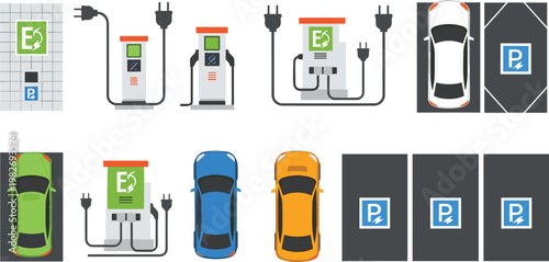 Electric Vehicle Charging Stations and Parking Spots Vector Set with EV Charging Icons, Cars, and Energy Symbols