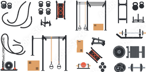 Fitness Equipment Vector Set with Dumbbells, Kettlebells, Barbells, Resistance Bands, and Gym Accessories for Strength Training and Workouts