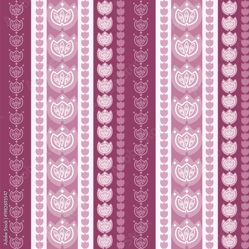 Seamless tulip stripe pattern featuring stylized floral elements in soft pink and mauve tones. Scandinavian-inspired geometric design with vertical repeating layout. Perfect for fabric, wallpaper.