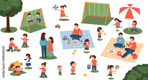 Flat Design Family Outdoor Activities Set Featuring Playground Fun, Picnic, and Children Playing with Parents