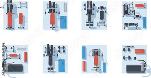 Flat Design Gym Equipment Icons Set Featuring Home Workout Machines, Dumbbells, and Resistance Bands