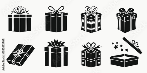 Collection of black and white gift box icons for holidays and events with shopping birthday celebration christmas surprise silhouette minimalist collection anniversary valentine