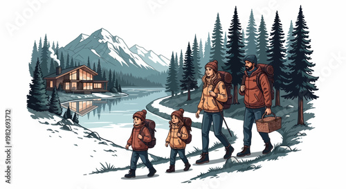 A family with backpacks is walking along a snowy path near a lake and a cabin, set against a backdrop of mountains and pine trees in a landscape with cool, muted blues and whites