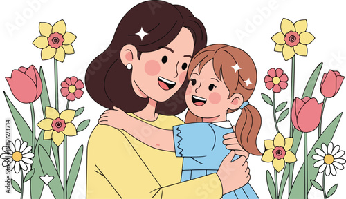 Woman Hugging Little Girl Flowers.