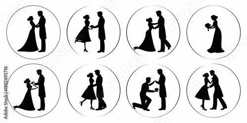 Set of round badges with wedding silhouettes illustrating romantic couples in various loving poses for marriage themes marriage silhouette proposal engagement ceremony relationship