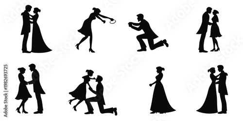 Collection of wedding silhouette icons showing romantic moments between a bride and groom including marriage proposals and embraces with marriage silhouette proposal engagement ceremony