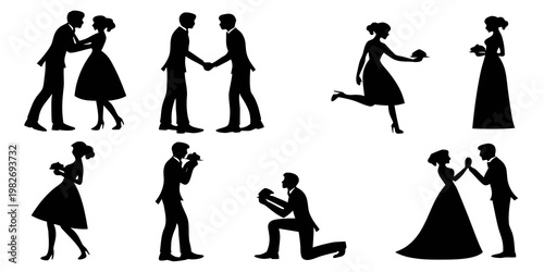 Set of romantic couple silhouettes showing various relationship stages including meeting shaking hands a wedding proposal on one knee a first dance with silhouette proposal marriage romantic