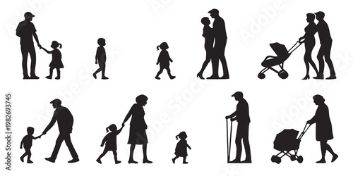 Set of silhouettes depicting parents with babies and toddlers in everyday family life scenes silhouette children stroller carrying together childhood parenting relationship collection