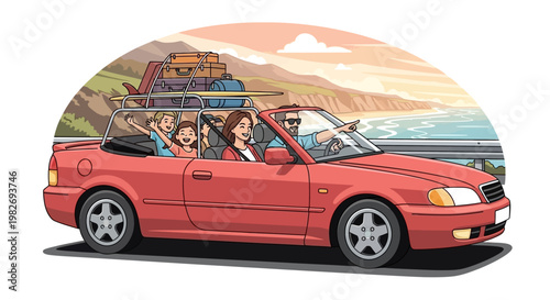 Illustration of a cheerful family driving a red convertible car packed with luggage on the roof rack, enjoying a scenic road trip with a coastal view in a bright and vibrant cartoon style