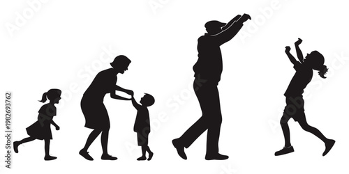 Silhouettes of families playing and interacting together with silhouette children interaction lifestyle childhood recreation outdoors movement activity parenting daughter togetherness