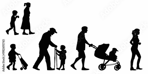 Daily family life silhouettes featuring parents walking with children and infant stroller silhouette children stroller parenting lifestyle carriage childcare activity outdoors together