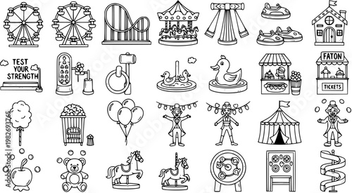Hand-Drawn Black  White Line Art Amusement Park and Carnival Icons Set. Outline Collection of Fair Rides, Games, Stalls, and Entertainment Elements.