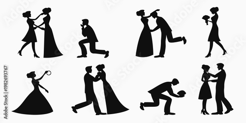 Collection of romantic couple silhouettes featuring marriage proposals wedding celebrations dancing sweet gestures between bride and groom isolated on white background silhouette proposal