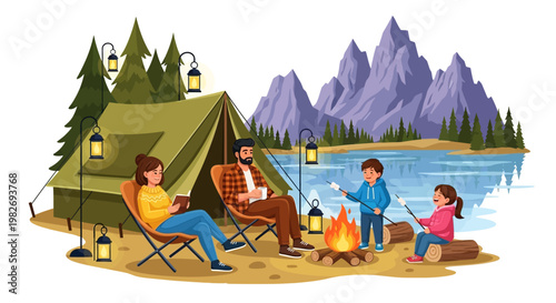 A family enjoys camping near a lake with mountains in the background, sitting around a campfire roasting marshmallows, depicted in a bright, cartoon style with a cheerful and outdoorsy