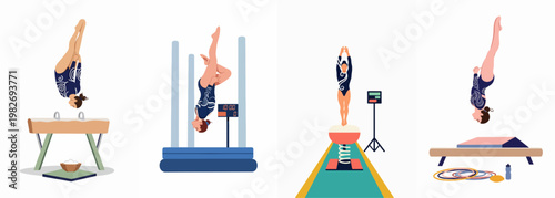 Flat vector illustrations set of professional female gymnasts performing routines on pommel horse, uneven bars, vault, and balance beam.