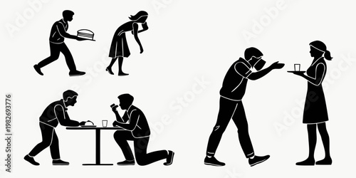 Silhouettes of people in restaurant and service settings performing daily interactions with silhouettes restaurant customer drinking interaction activities hospitality lifestyle waitress