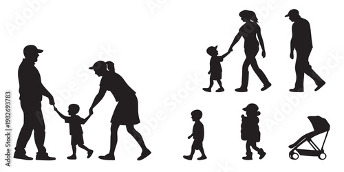 Family outing and parenting silhouettes including parents walking with children and baby stroller children stroller silhouette parenting carriage childcare lifestyle activity outdoors