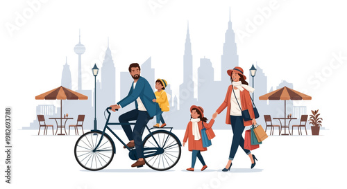 A father is riding a bicycle with his child on the back, while a mother and child are walking with shopping bags in a cityscape illustration with a bright, cheerful mood and a clean white