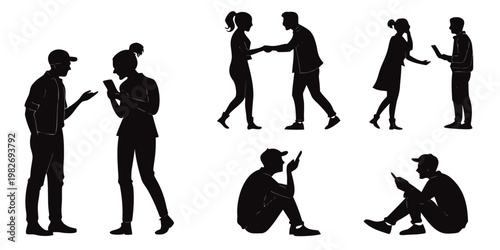 Mobile phone usage and social interaction silhouettes: digital communication connection individual device engagement vector icons white background digital age interaction silhouette
