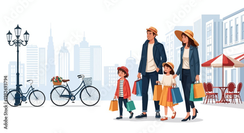 A young family strolls with shopping bags down a city street with bicycles parked near a vintage lamppost, presented in a clean, flat illustration style against a cityscape background