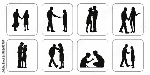 Silhouettes of people interacting with each other in professional and social settings silhouettes interaction business agreement greeting communication handshake relationship teamwork
