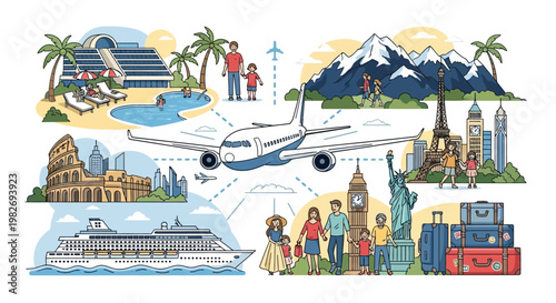 A vibrant, hand-drawn style illustration showcases an airplane soaring above global travel destinations like the Eiffel Tower and Statue of Liberty, with families and landmarks set