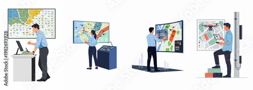 Vector illustration of professionals using advanced screens and technology to monitor and control drone swarms for urban surveillance and logistics management.