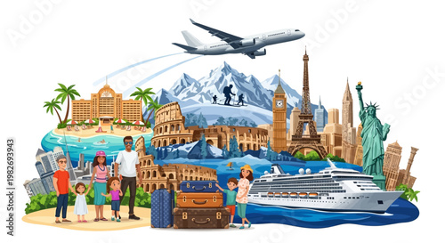 An illustration depicts a diverse family standing near luggage in front of iconic landmarks like the Colosseum and Eiffel Tower, with a cruise ship and airplane, set against a white