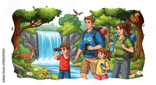 A cheerful family of four, with a boy using binoculars, stands near a waterfall in a lush forest environment with a bright, cartoonish aesthetic, accented by wildlife and vibrant green