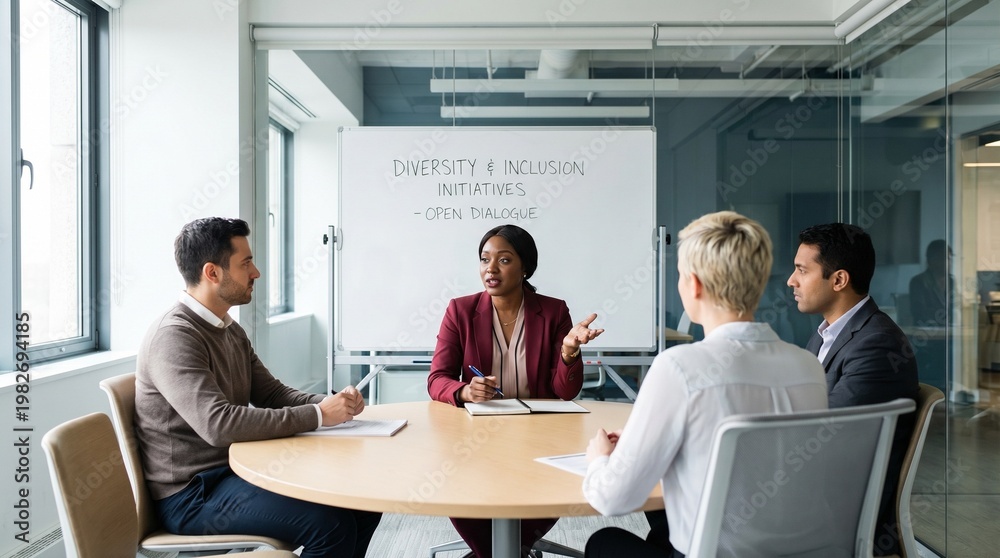 Fototapeta premium Diversity and inclusion initiative meeting with facilitator leading open dialogue among four professionals around conference table, collaborative discussion and corporate training atmosphere