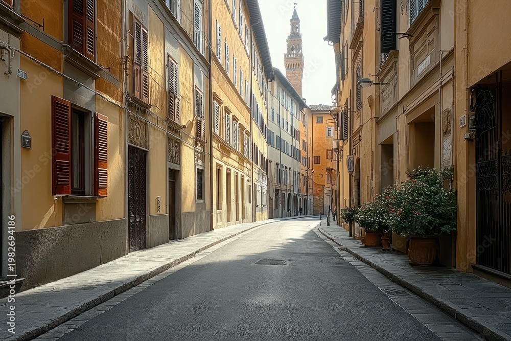 Fototapeta premium Sunlit narrow cobblestone street lined with warm ochre buildings, wooden shutters and potted plants, a distant bell tower rising above, evoking a peaceful quiet morning