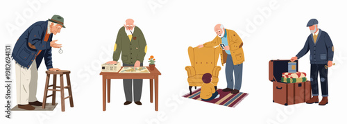 Set of elderly men reminiscing with vintage objects, maps, photos, and family, exploring themes of nostalgia, memory, and aging.