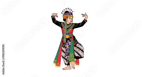 Dancer in an elaborate traditional costume performs a classic Javanese pose with intricate hand gestures and a ornate gold crown against a stark white background.