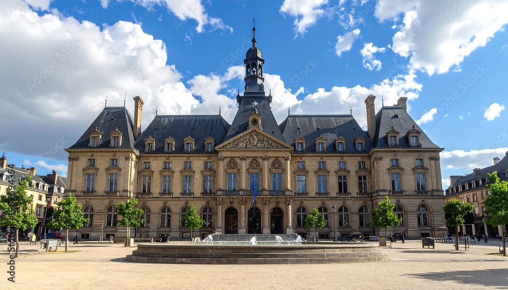 Obraz premium A large, ornate building with a fountain in front