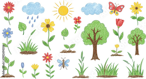 Hand-Drawn Spring and Nature Elements Set Featuring Flowers, Trees, Sun, Clouds, and Butterflies