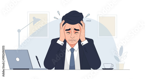 Businessman experiencing extreme workplace stress sits at a desk with his head in his hands while feeling overwhelmed by professional deadlines.