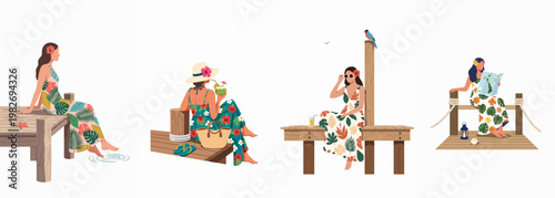 Set of flat illustrations of women in tropical floral dresses relaxing on wooden piers during a summer vacation.