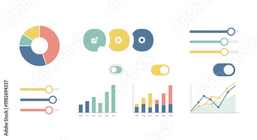 Infographic elements showcase a collection of colorful pie charts, bar graphs, and toggle switches designed with a clean minimalist aesthetic on a white backdrop.