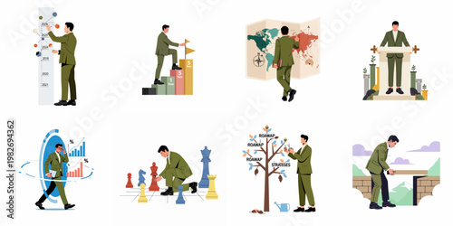 Set of business concepts and strategic illustrations featuring a businessman managing growth, planning, global expansion, and problem-solving for corporate success.