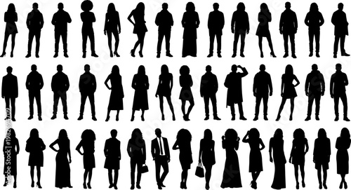 Vector silhouettes man and women, illustration. Silhouettes of young people posing in casual clothes. Transparent background EPS version.